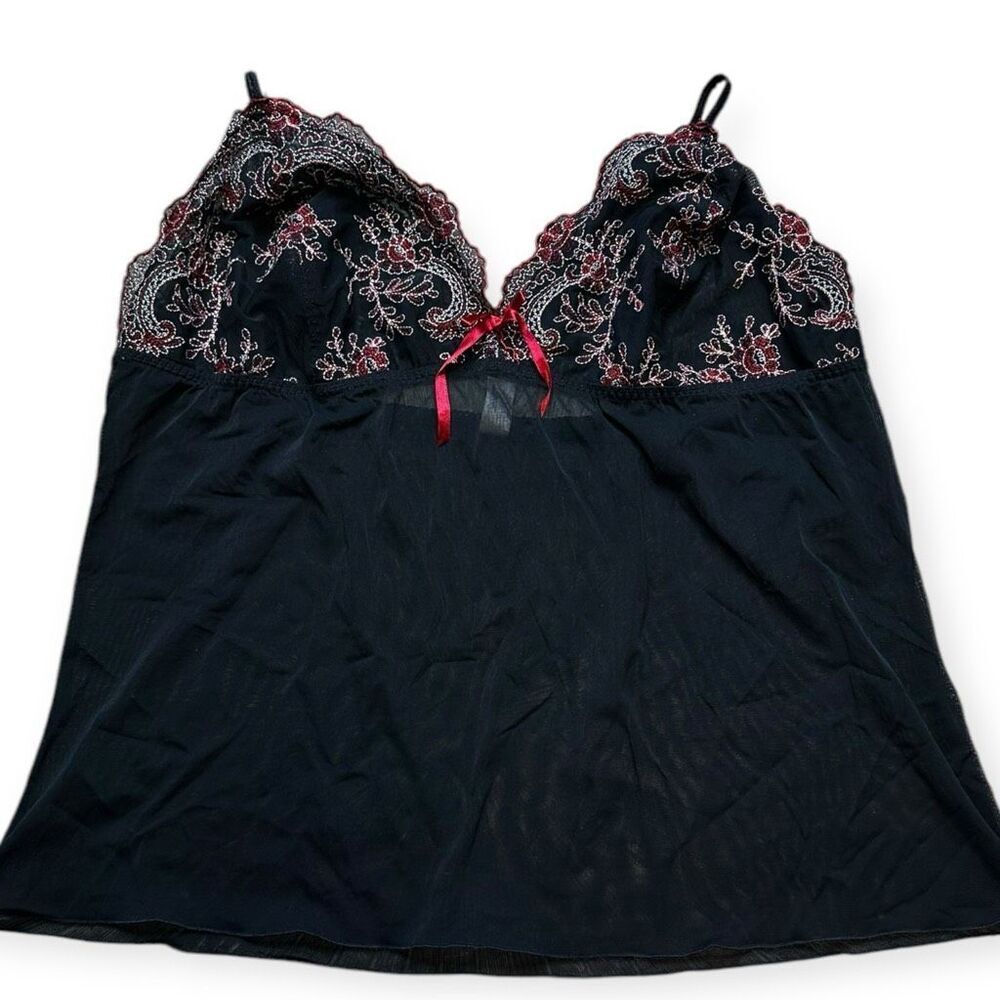 CACIQUE Women’s Black Floral Embroidered Sheer Bow Chemise Sleepwear Size 18 / 2